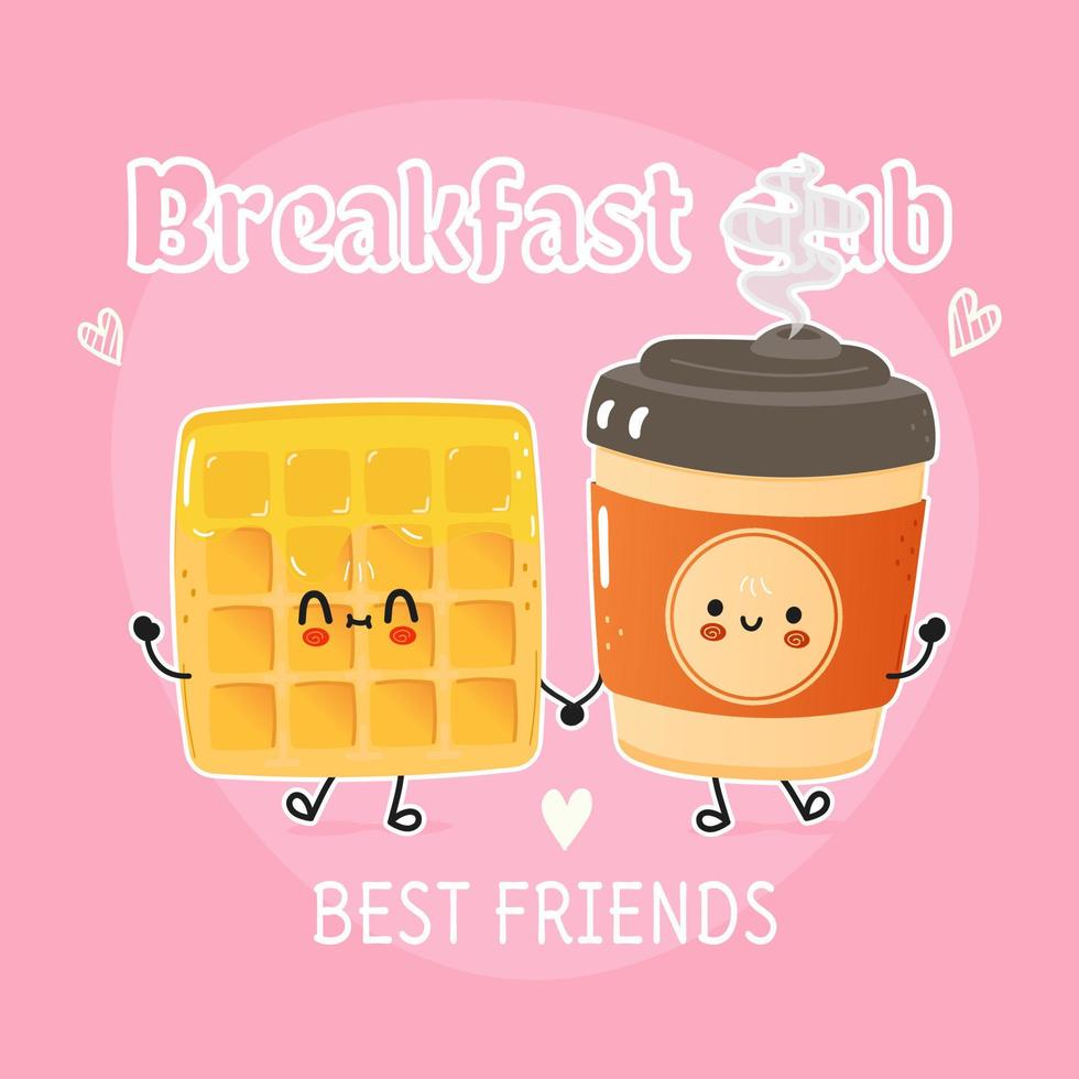 linda tarjeta feliz de donut de café y oblea. diseño de icono de ilustración de personaje de dibujos animados de estilo de fideos dibujado a mano vectorial. tarjeta de concepto de amigos felices del café y de la oblea vector