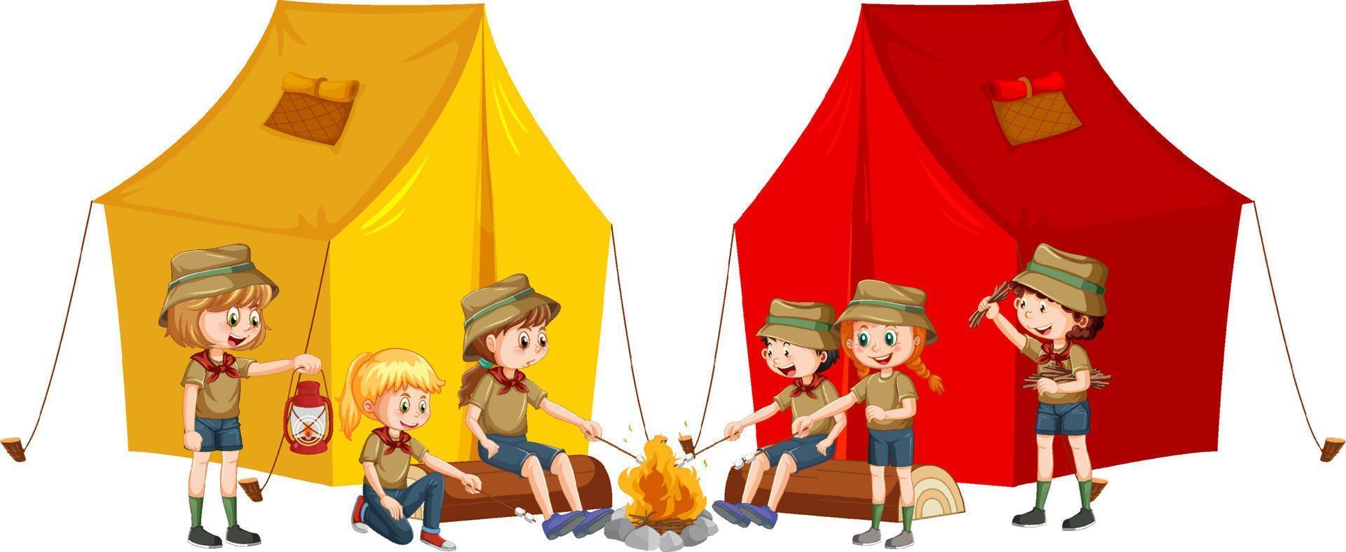 Scout kids with camping tent vector