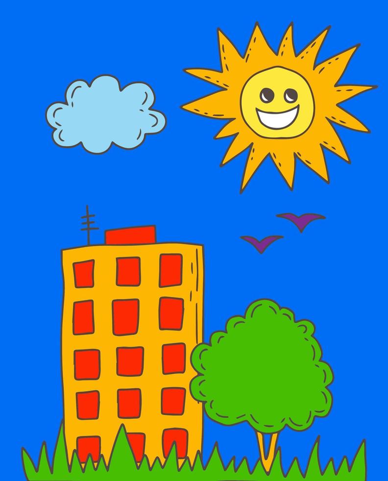 Groovy landscape poster with building and sun vector