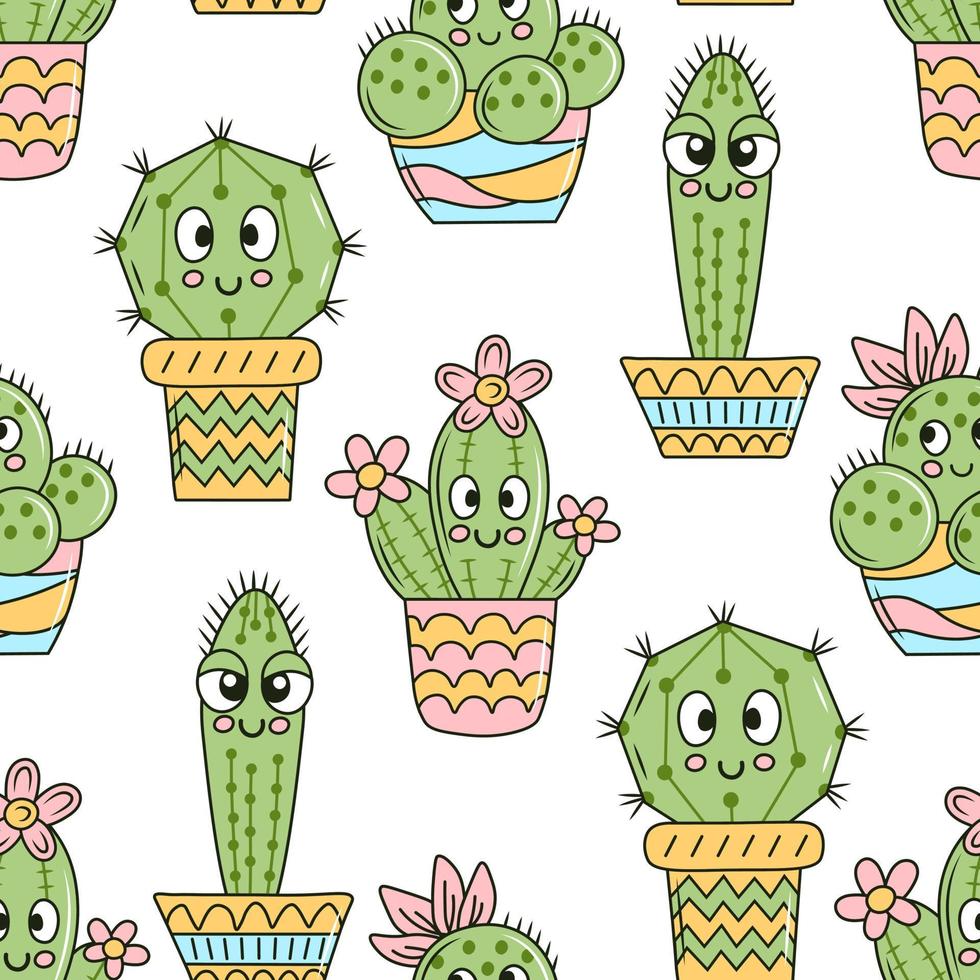 estilo de doodle de dibujos animados de patrones sin fisuras de cactus vector