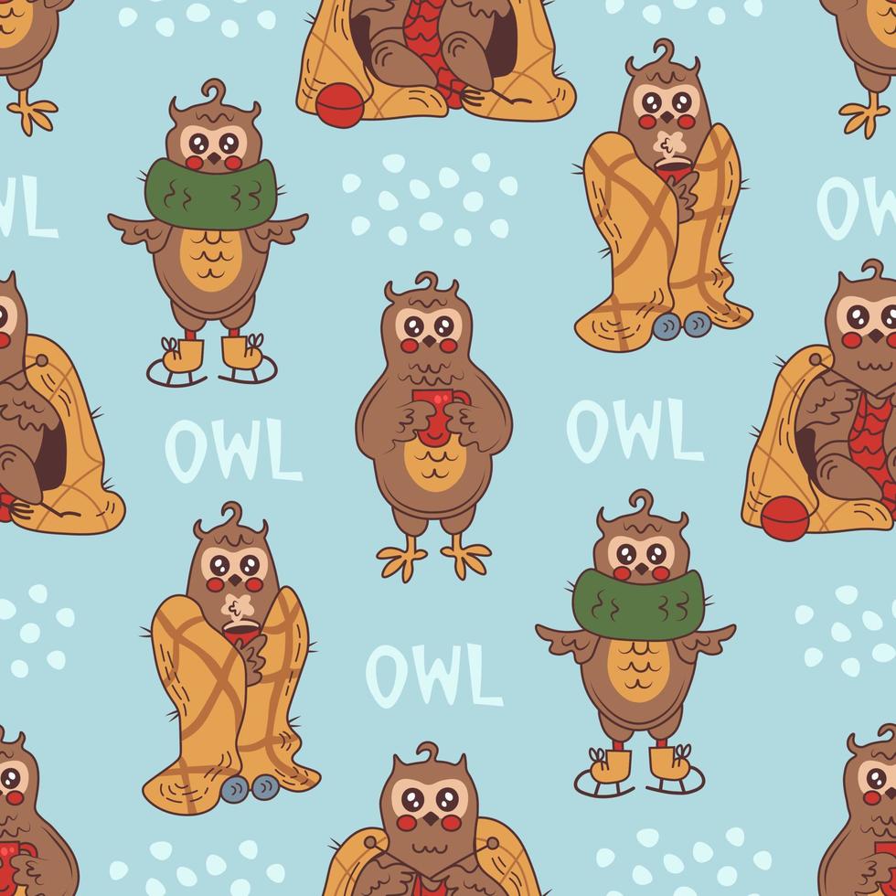 Funny winter seamless pattern with owls vector