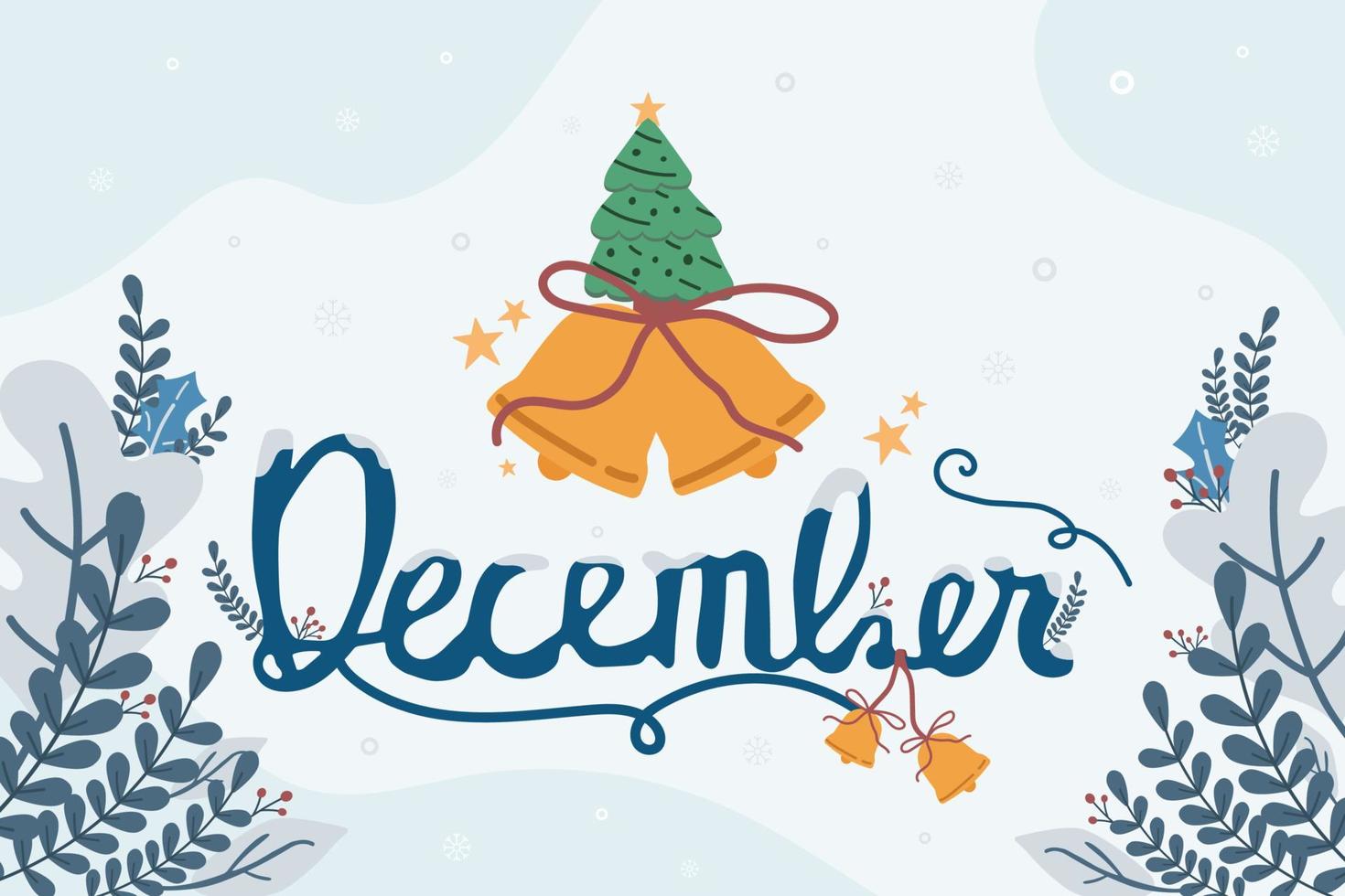 December hand writing month with bells and christmas tree. Illustration December vibe. vector