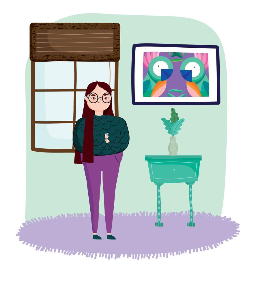 young woman in room with side table flowers and picture leisure vector