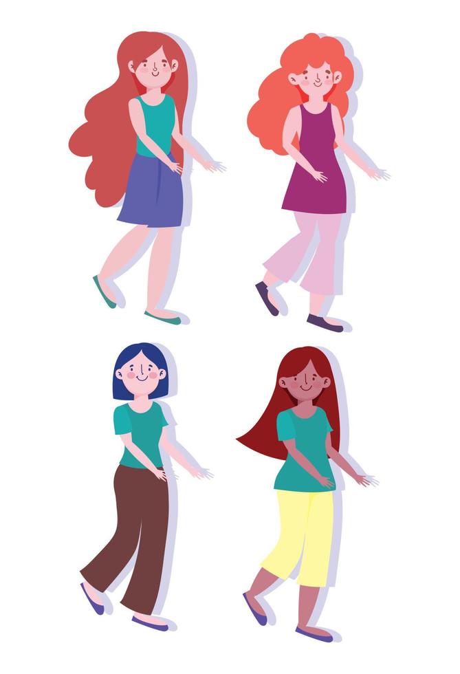 group young women cartoon character female design vector