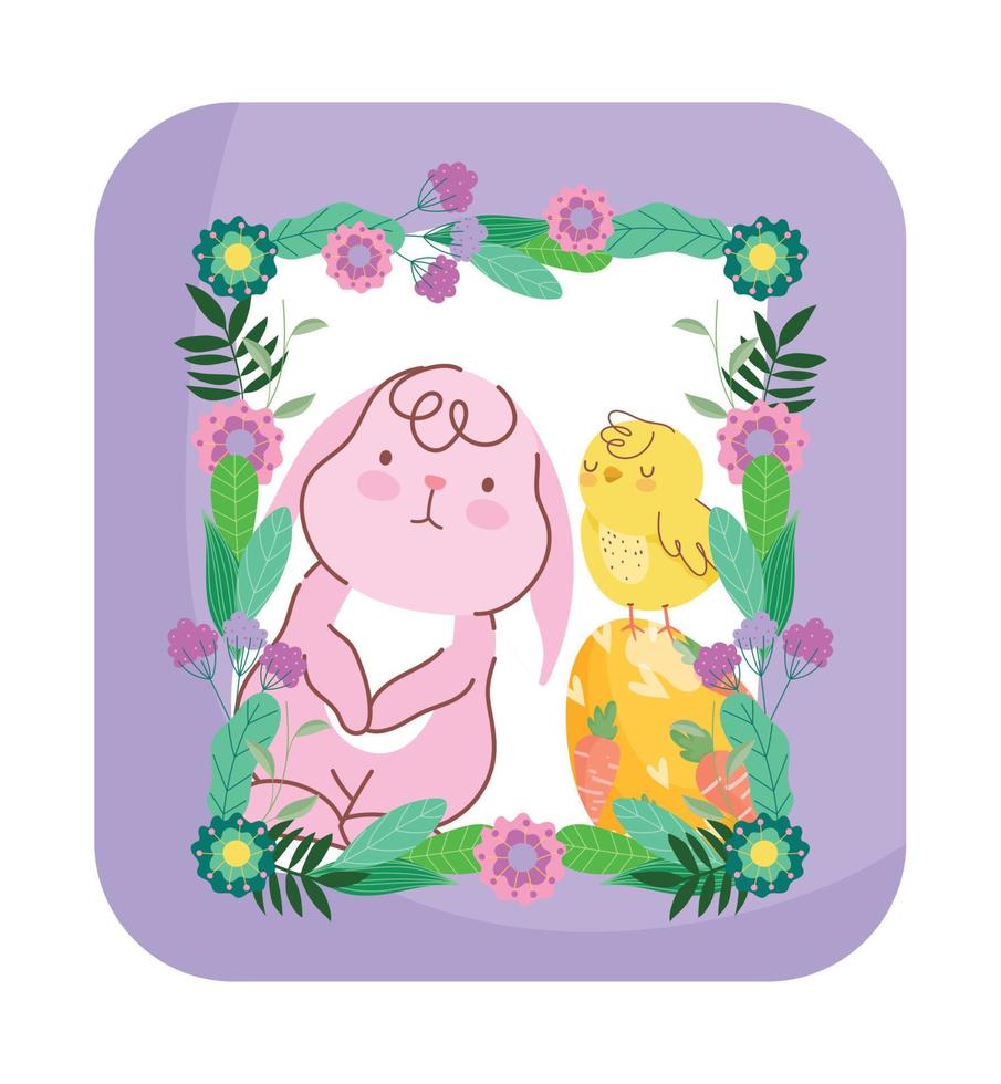 happy easter cute bunny with chicken in egg frame decoration card vector