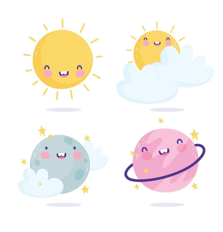 cosmos galaxy planets sun clouds cartoon cute text vector