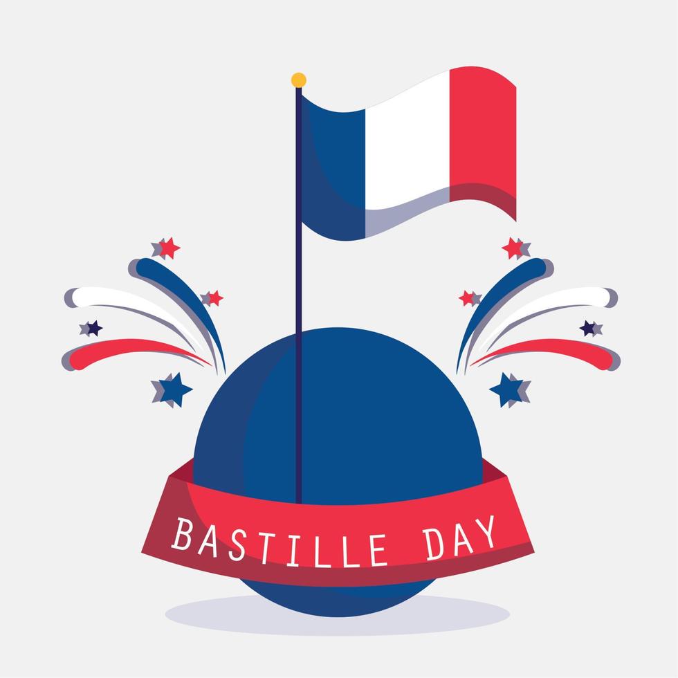 bandera de francia y fuegos artificiales con cinta de feliz diseño vectorial del día de la bastilla vector