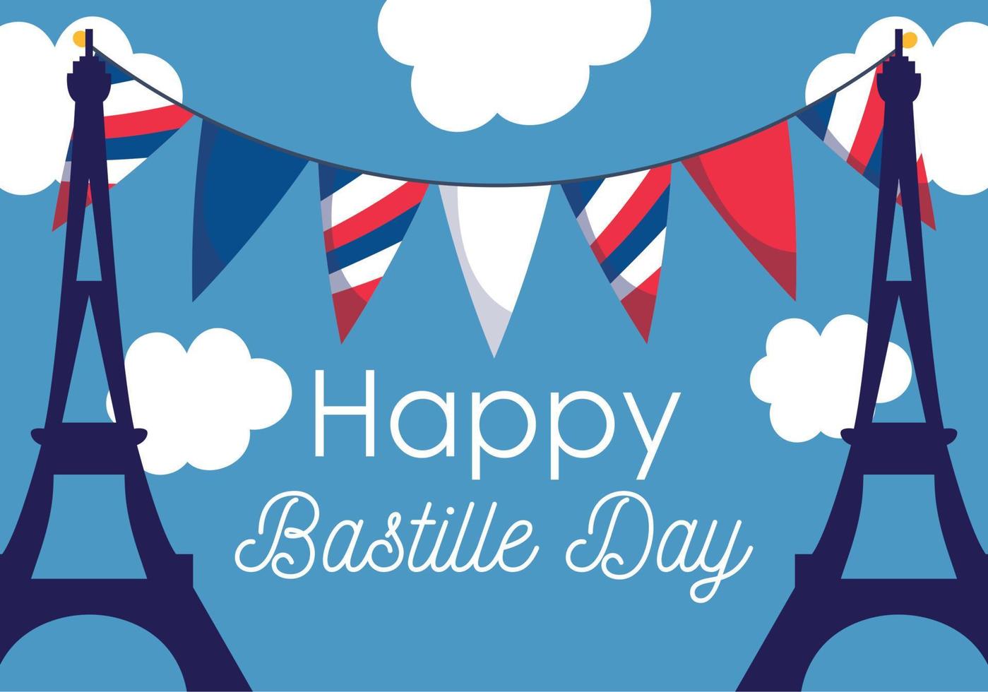 france eiffel towers with banner pennant of happy bastille day vector design