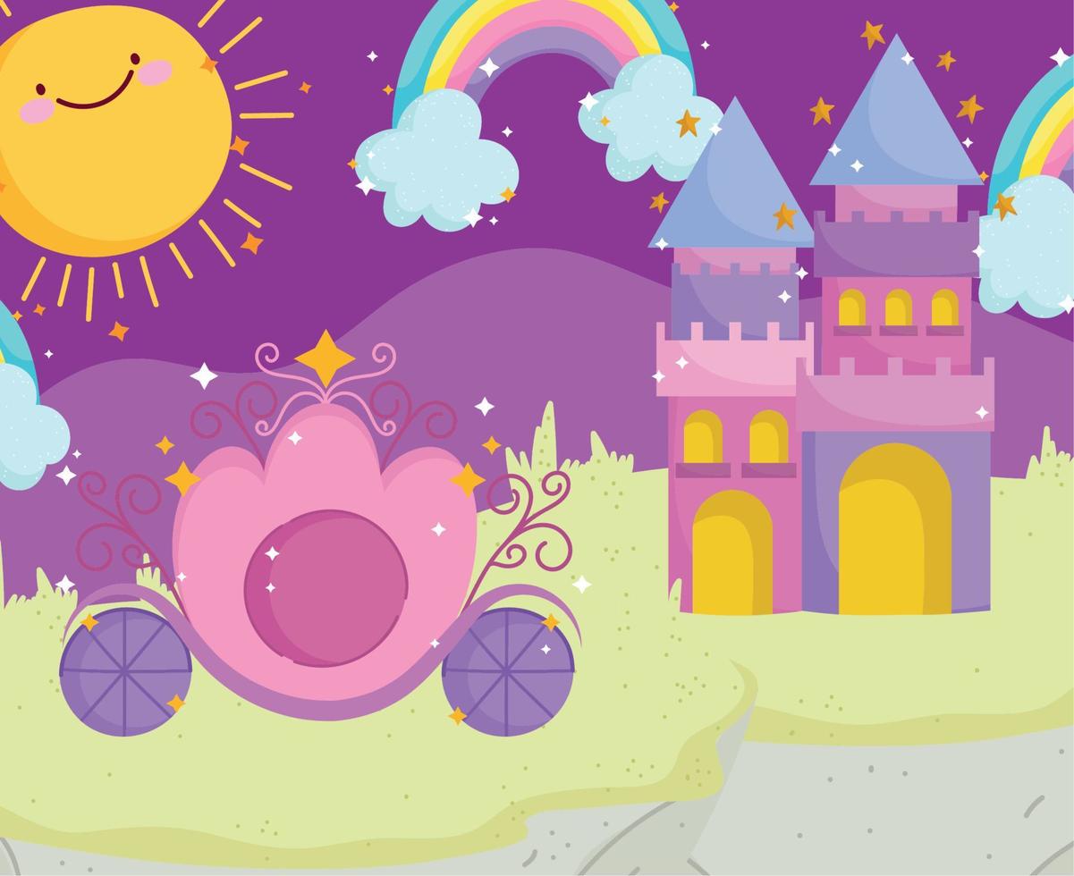 cute princess carriage castle rainbow magical cartoon vector