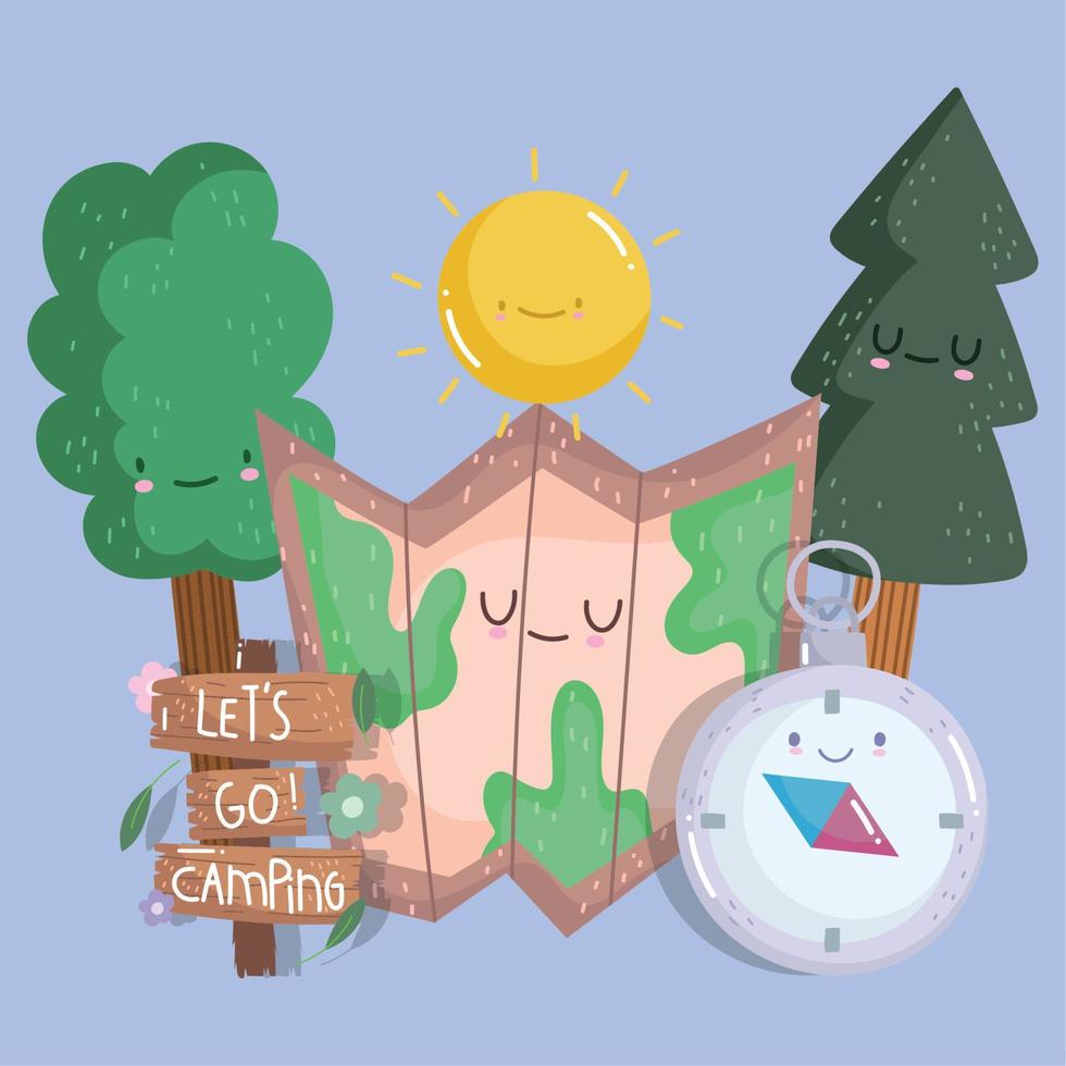 camping forest trees map and cpmpass in cartoon style design vector