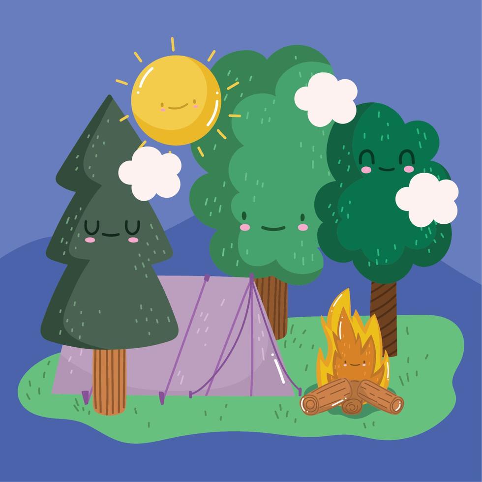 camping forest tent bonfire sun clouds in cartoon style design vector