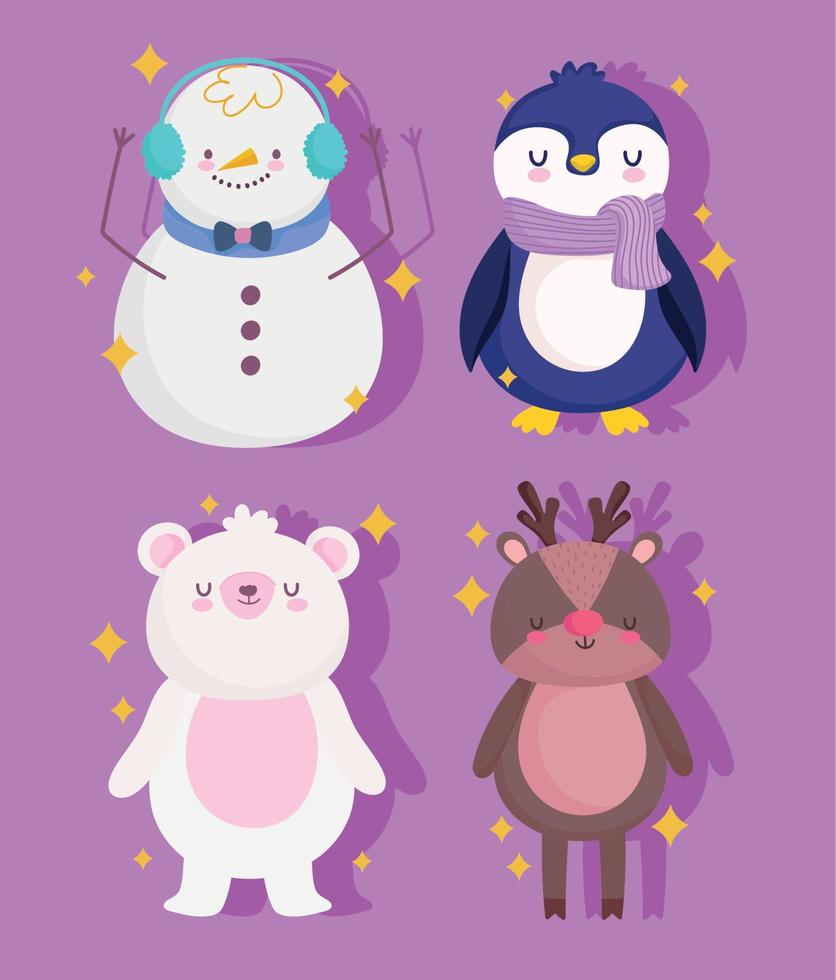 merry christmas snowman penguin bear and reindeer decoration and celebration icons vector