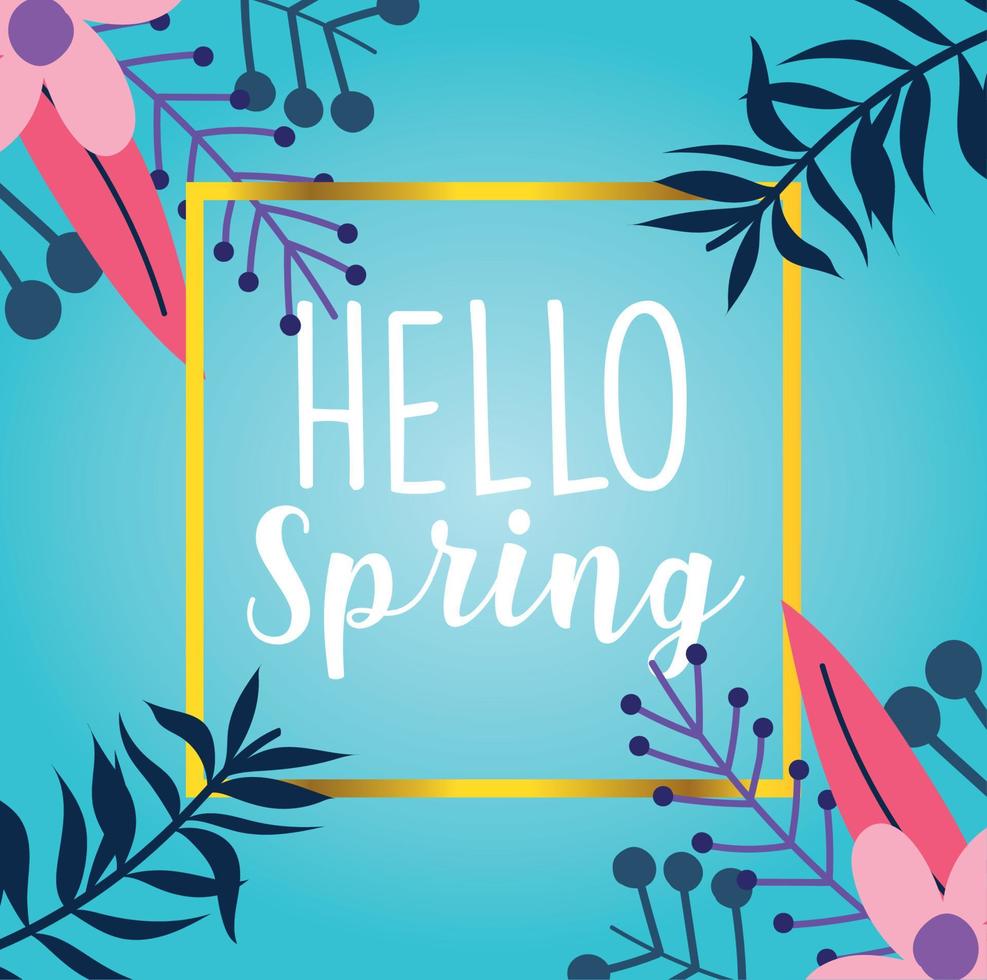 hello spring, flowers branches foliage nature seasonal decoration banner vector