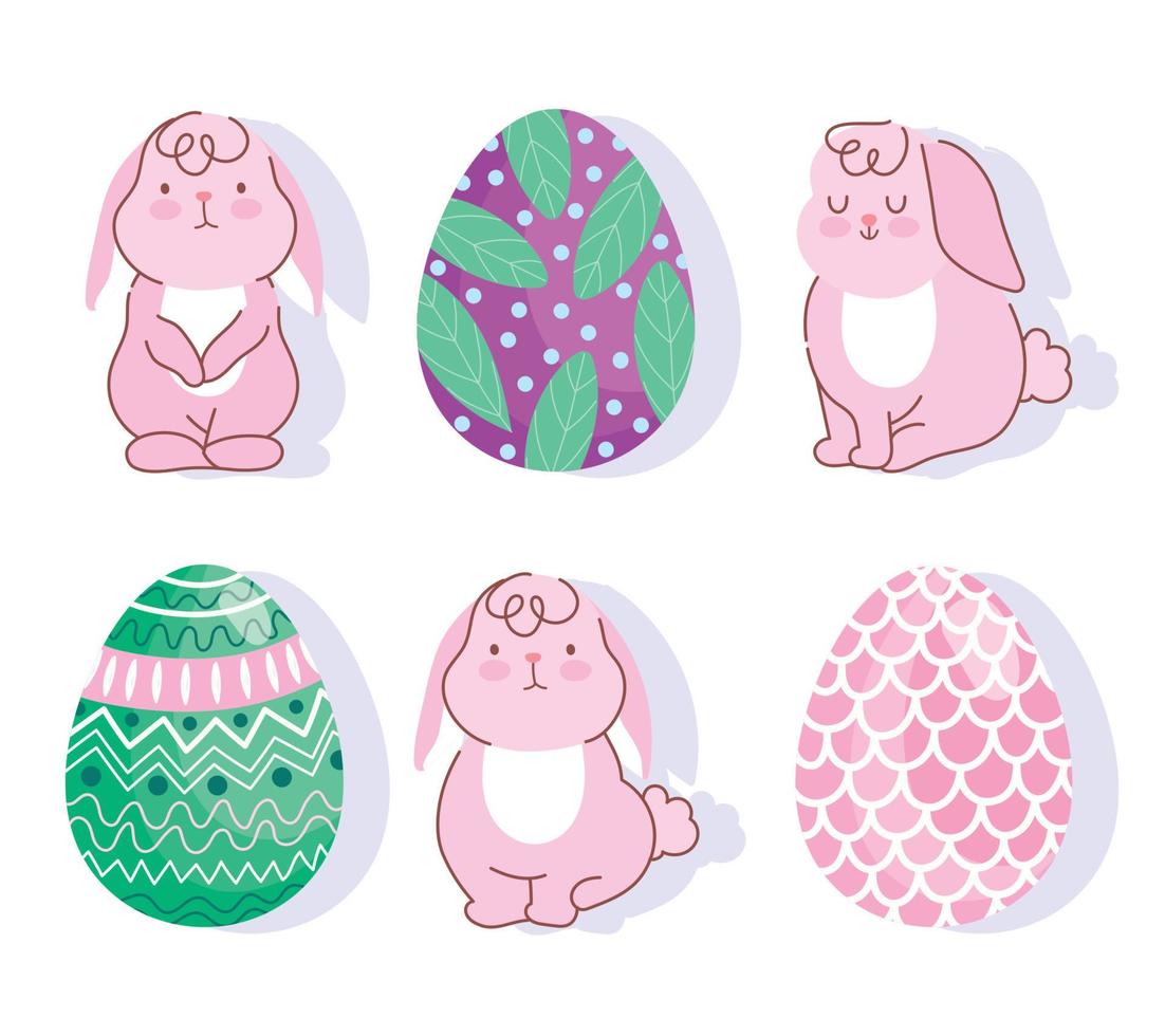 felices pascuas rosa conejitos y decoración de huevos vector