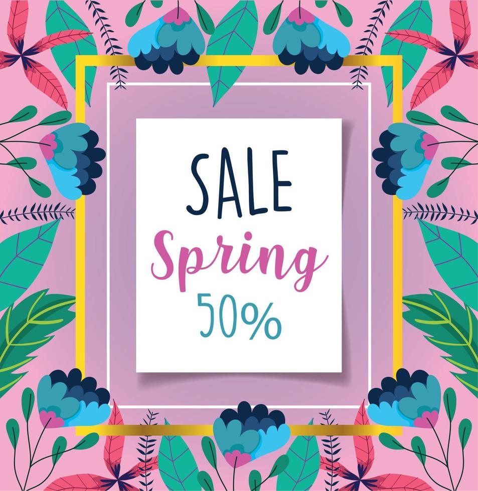 spring sale, discount offer message lettering flowers background vector