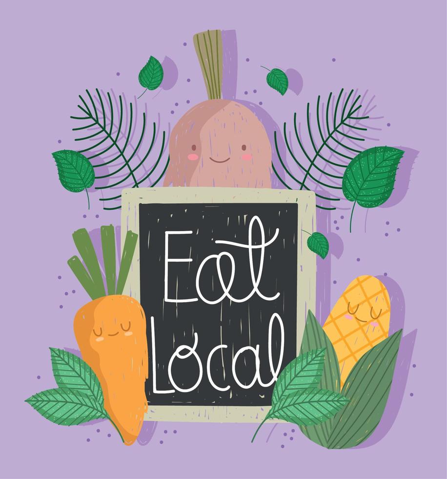 eat local board, cartoon vegetables carrot corn and onion vector