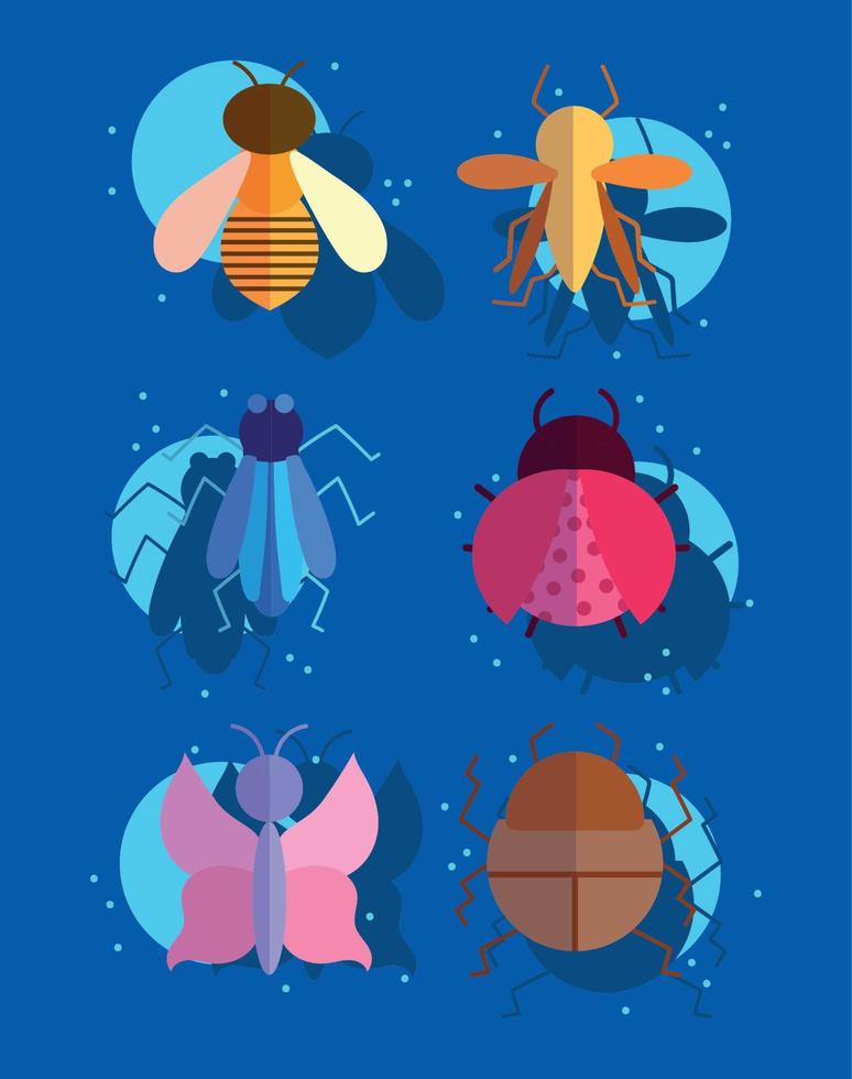 insectos pequeños animales en estilo de dibujos animados sobre fondo azul vector