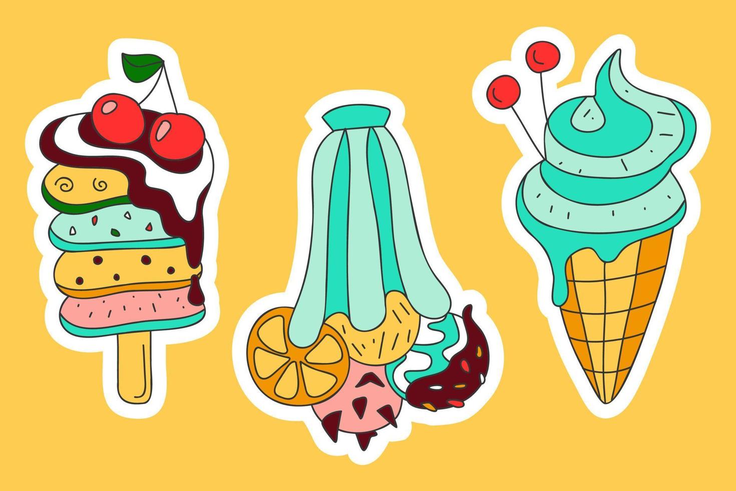 Cute deserts doodle stickers. Eskimo pie toppings cherry, ice cream balls mix sliced citrus bowl, soft ice cream waffle cone. Cold summer sweets for print birthday decor card party vector illustration