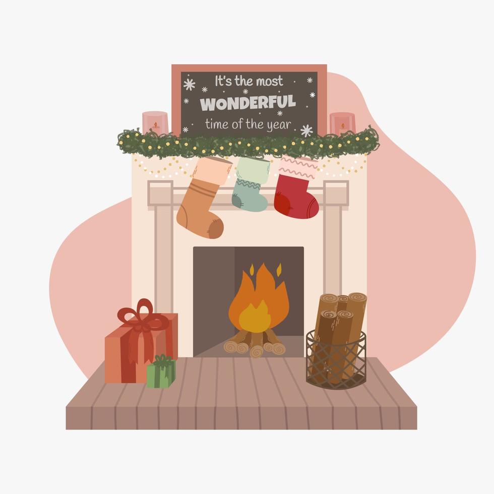 Fireplace vector warm fire place decor socks, gift and firewood at home Illustration set of burning firewood on xmas. Winter holiday decoration isolated on white background.