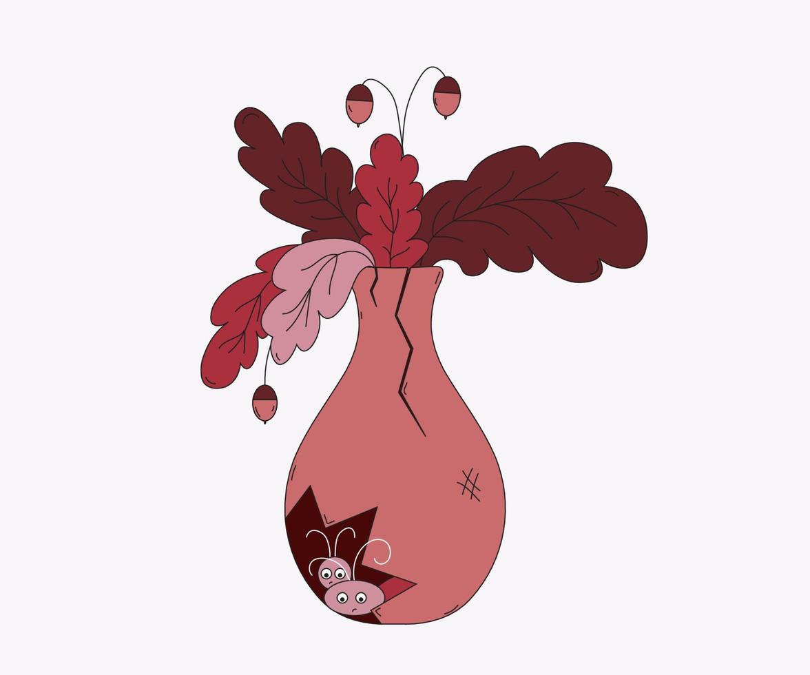 an old broken vase with oak branches and beetles vector