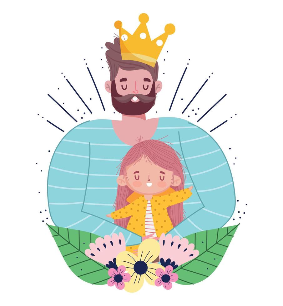 happy fathers day, bearded dad with crown holding daughter in hands vector