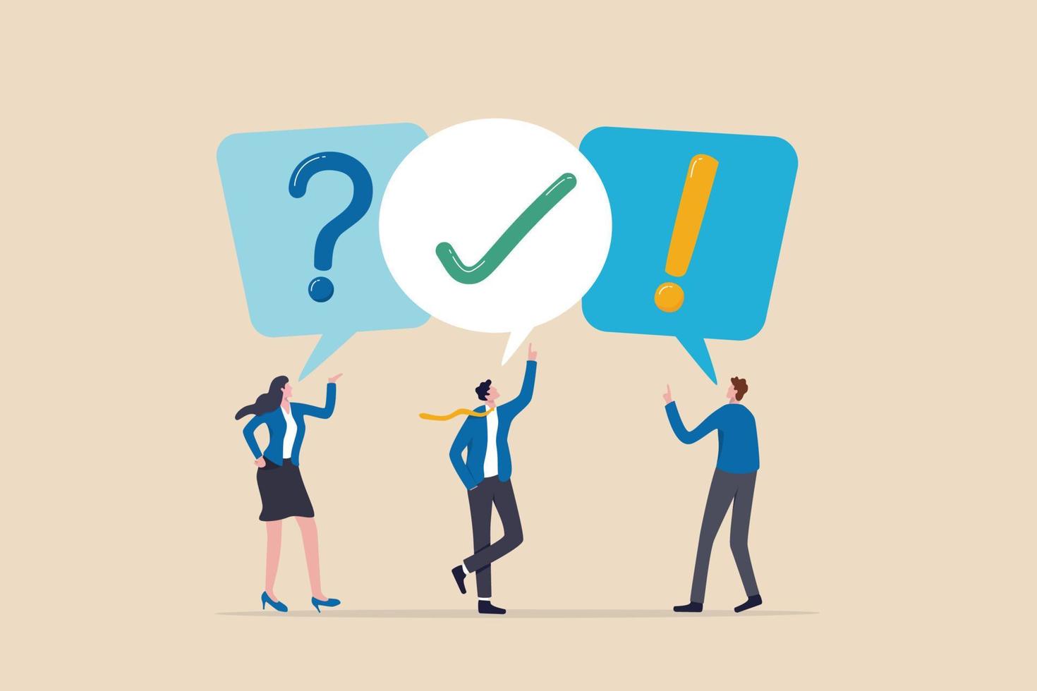 FAQ, question and answer, solution to solve problem, business advice or help and support service, communication or team brainstorm concept, business people asking question and answer to solve problem. vector