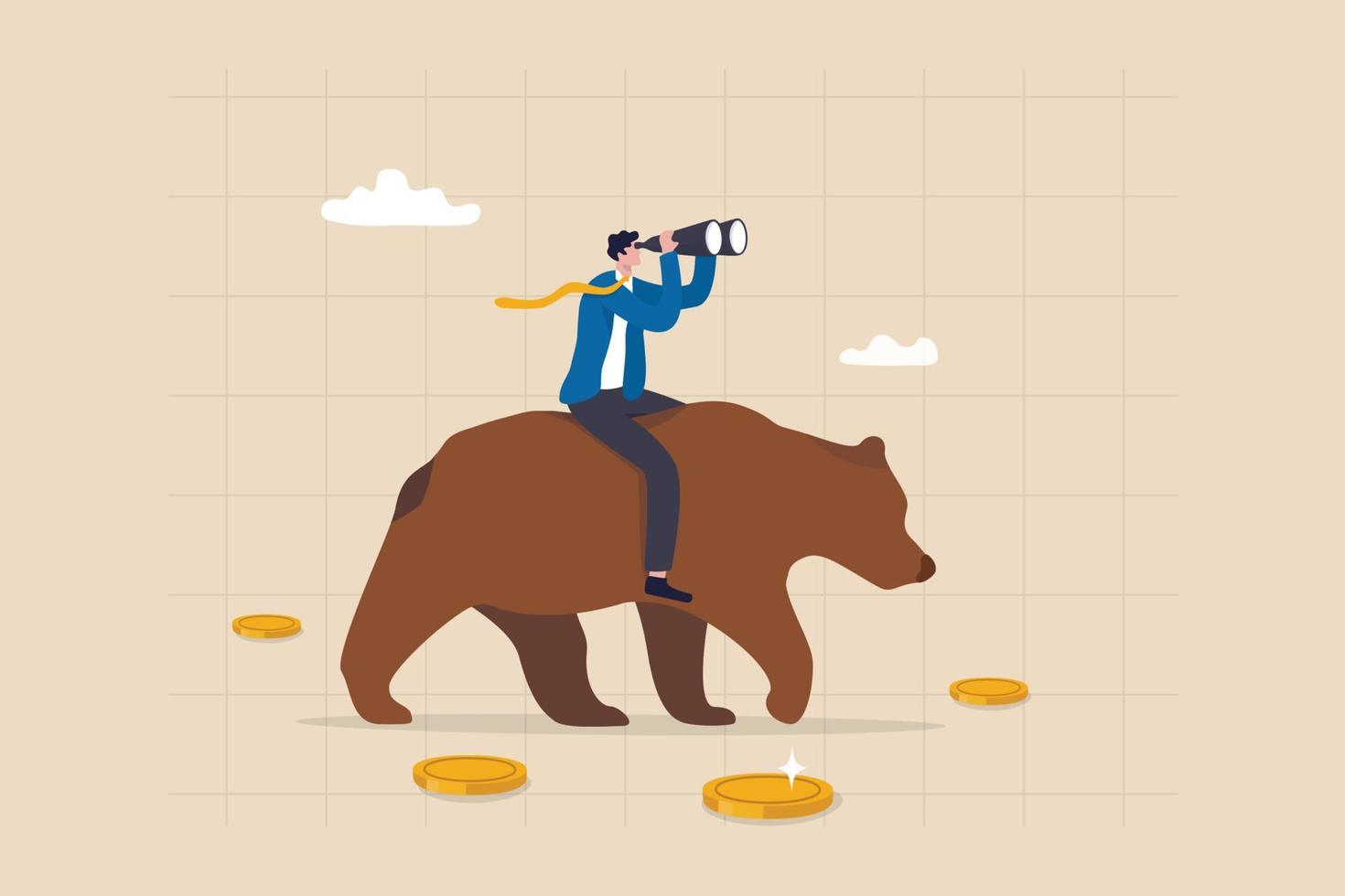 Bear market investment, looking for profit in market fall, crypto or stock trading strategy in bearish market, analyze or forecast trend, businessman investor riding bear looking through binoculars. vector