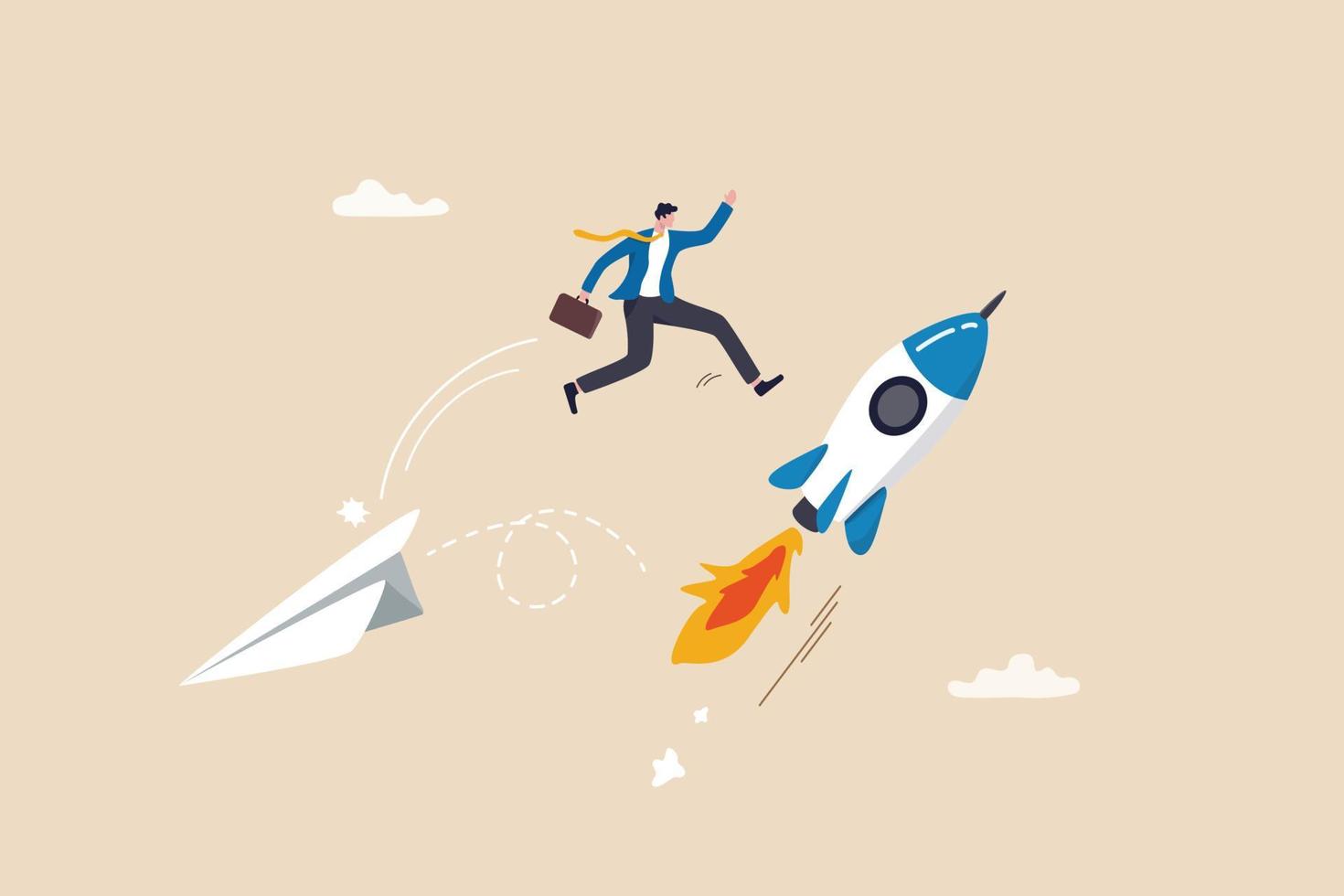 Change to better company, innovation to help success or career change to new path, alternative way or direction concept, ambitious businessman jump from old origami airplane to growing up rocket. vector