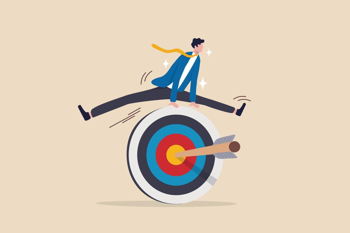 Achieve target, reaching goal or obtain business objective and purpose, accomplishment, success mission or victory concept, success skillful businessman jumping over arrow hit bullseye target. vector