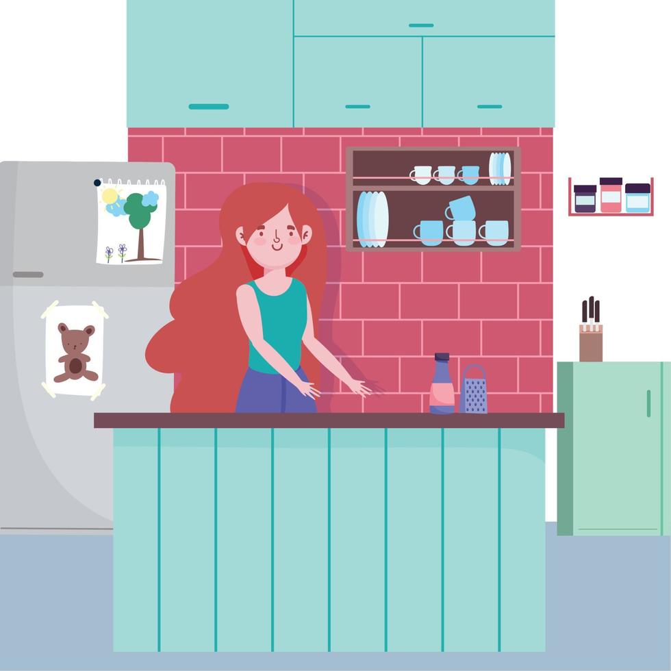 people cooking, girl with bottle and grater in counter vector