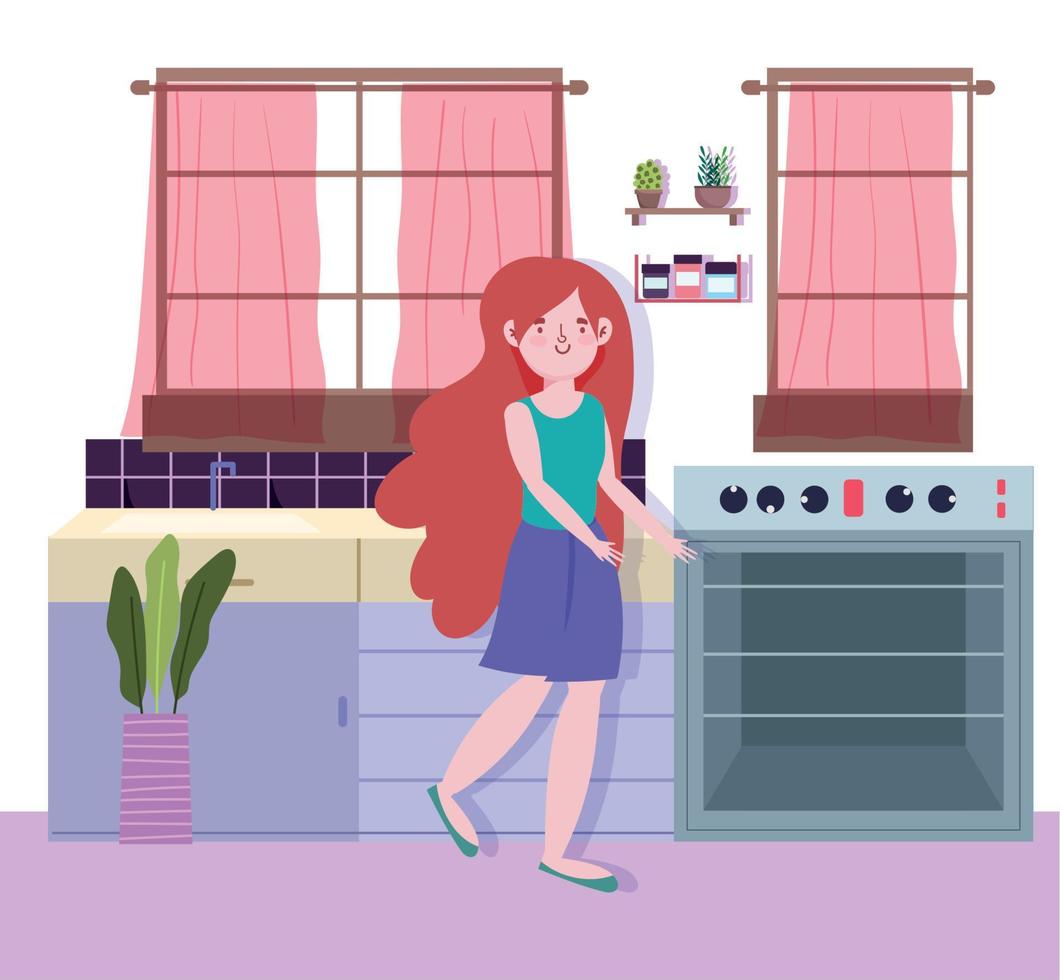 people cooking, girl in the kitchen with stove and plant vector