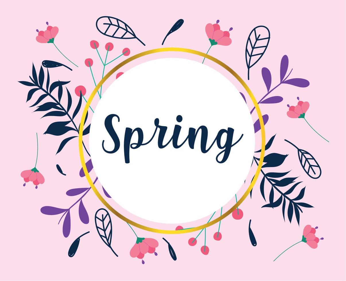hello spring, circle frame flowers decoration card vector