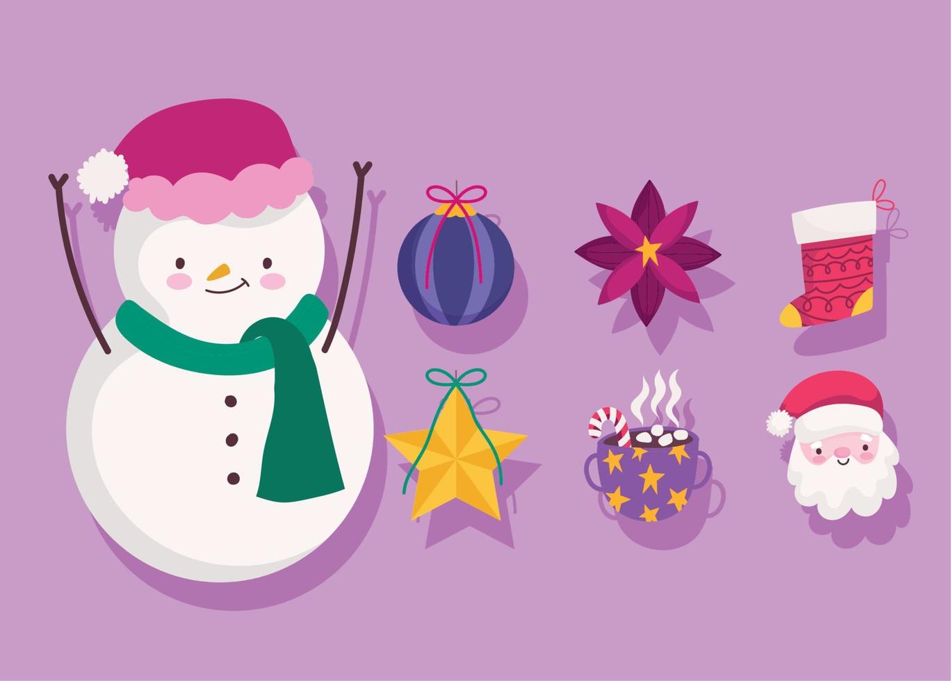 feliz navidad, muñeco de nieve bola de flores de santa y decoración de estrellas e iconos de la temporada de adornos vector