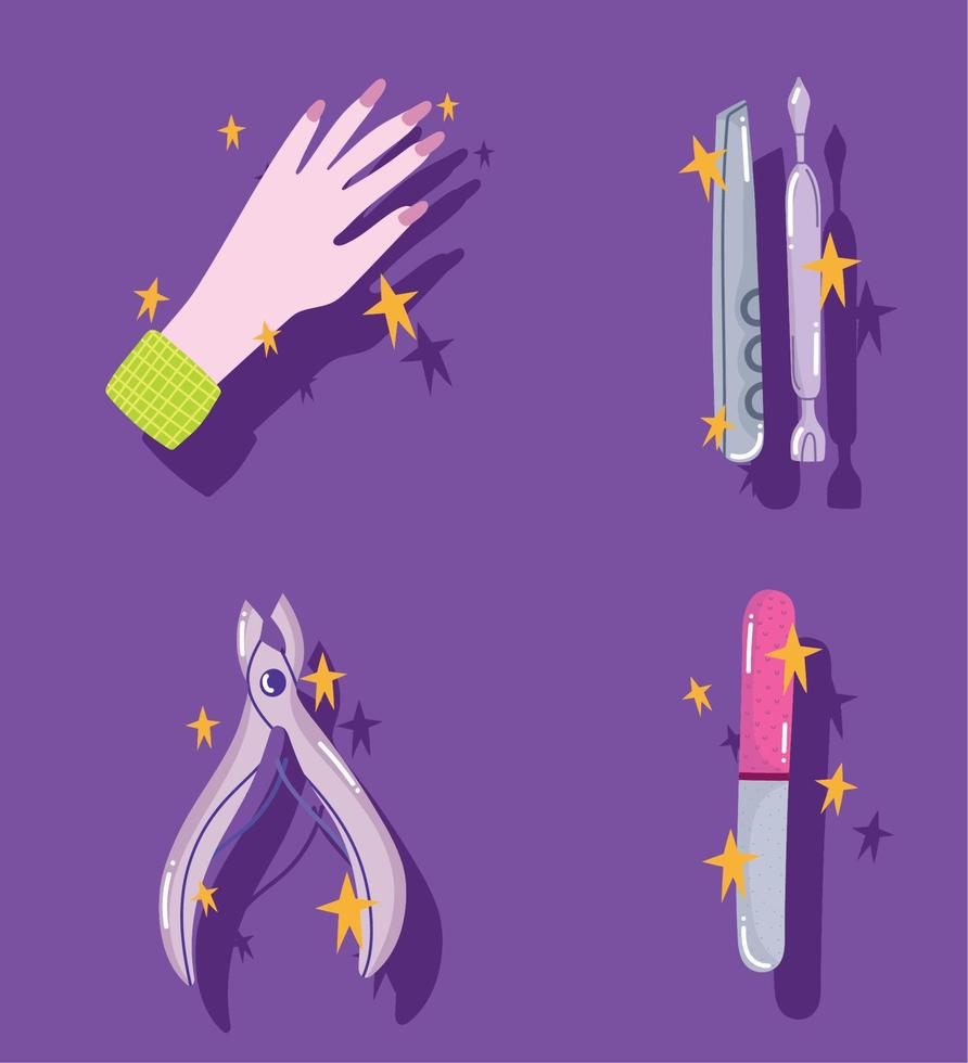 manicure icons set, hand nail file cuticle pusher and trimmer tools cartoon style design vector