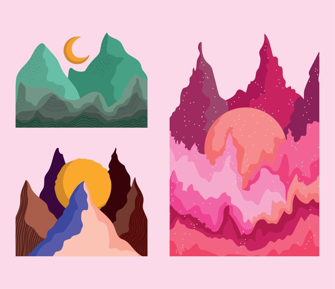 conjunto de iconos de paisaje abstracto, imagen de acuarela de sol de luna de montañas vector