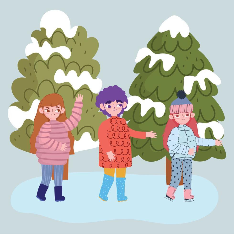 cartoon boy and girls with warm clothes in the snow landscape, winter time vector