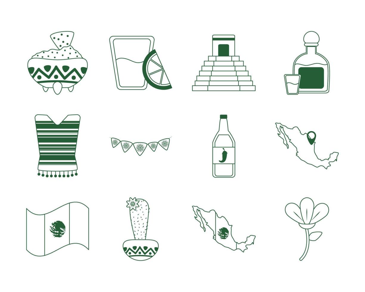 cinco de mayo mexican celebration festive party national icons set line style icon vector