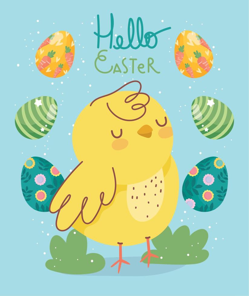 feliz pascua lindo pollo y huevos decorativos ornamento celebración vector