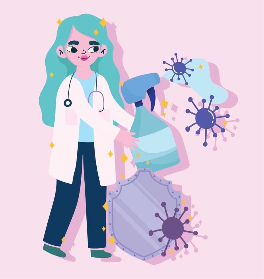 covid 19 virus and woman doctor with alcohol spray and shield vector design