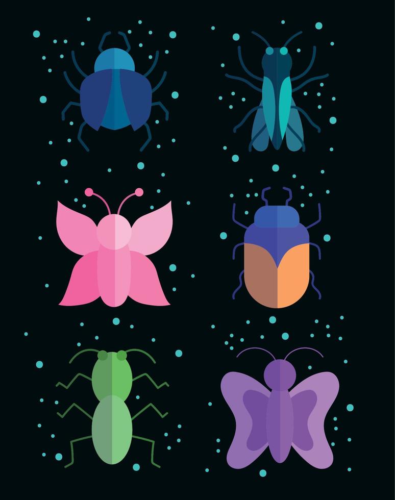 insectos pequeños animales en estilo de dibujos animados de colores sobre fondo negro vector