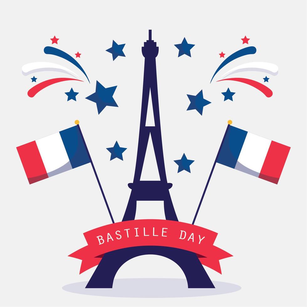 torre eiffel de francia y banderas del feliz día de la bastilla diseño vectorial vector