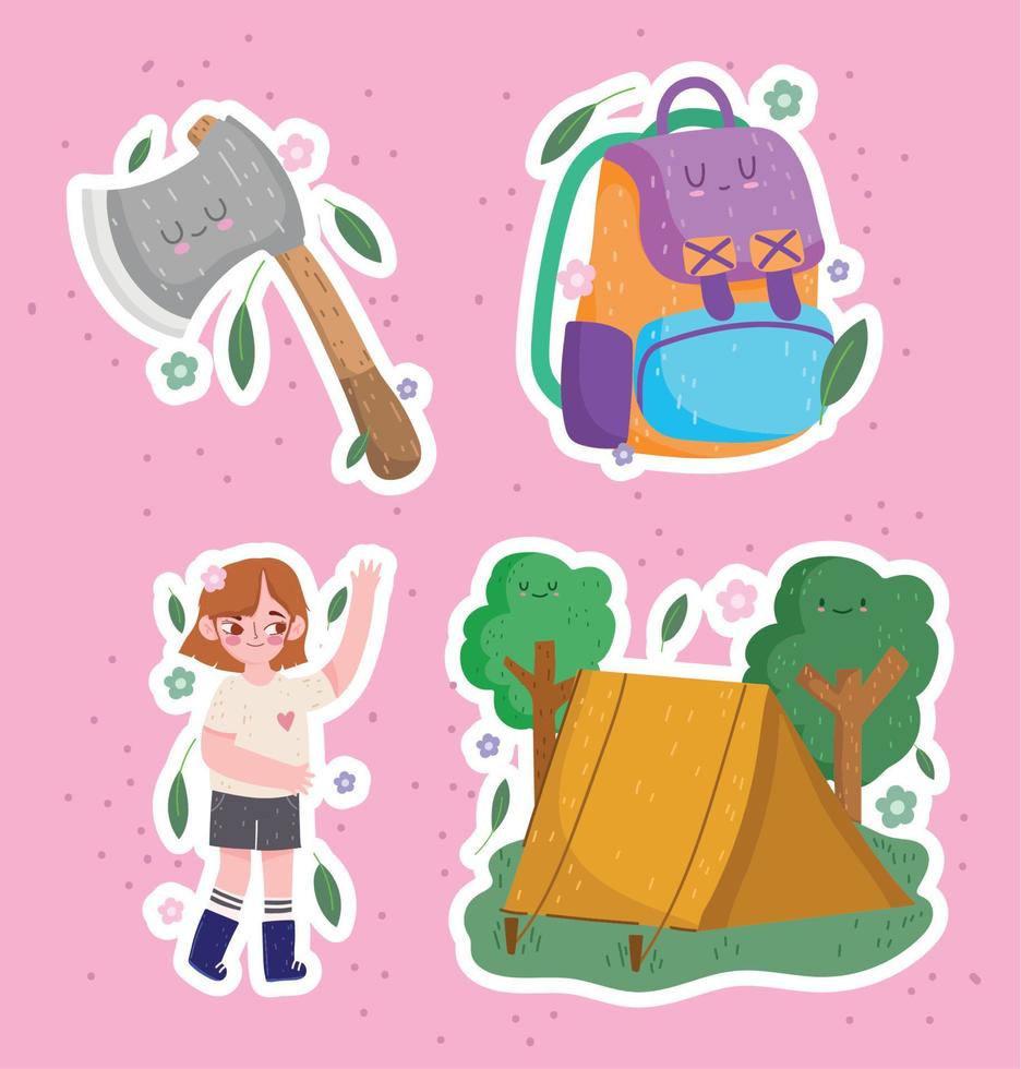 camping, icons girl ax tent and backpack in cartoon style vector