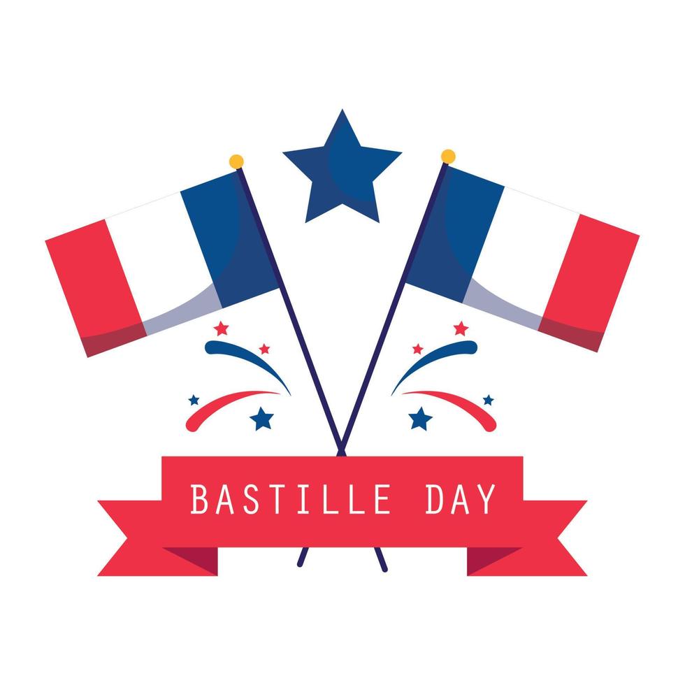 banderas de francia con estrella y cinta de feliz día de la bastilla diseño vectorial vector