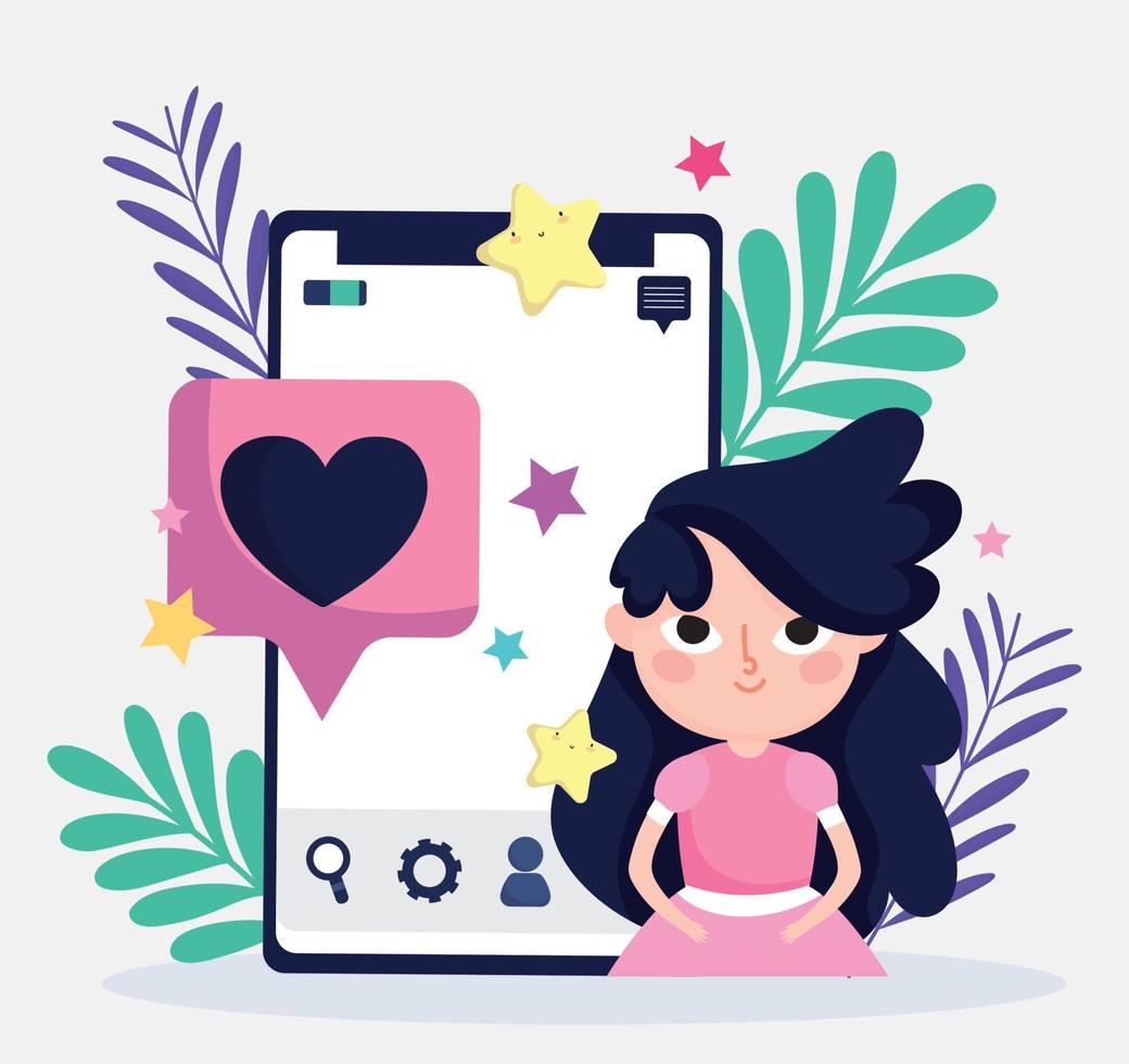 linda chica smartphone favorito amor chat redes sociales vector