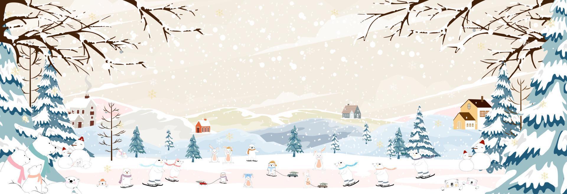 paisaje invernal en la noche de navidad, oso polar y conejo jugando patinaje sobre hielo en el parque de la ciudad, pancarta vectorial conejito del país de las maravillas de invierno, oso celebrando en el bosque, feliz navidad, fondo de año nuevo 2023 vector