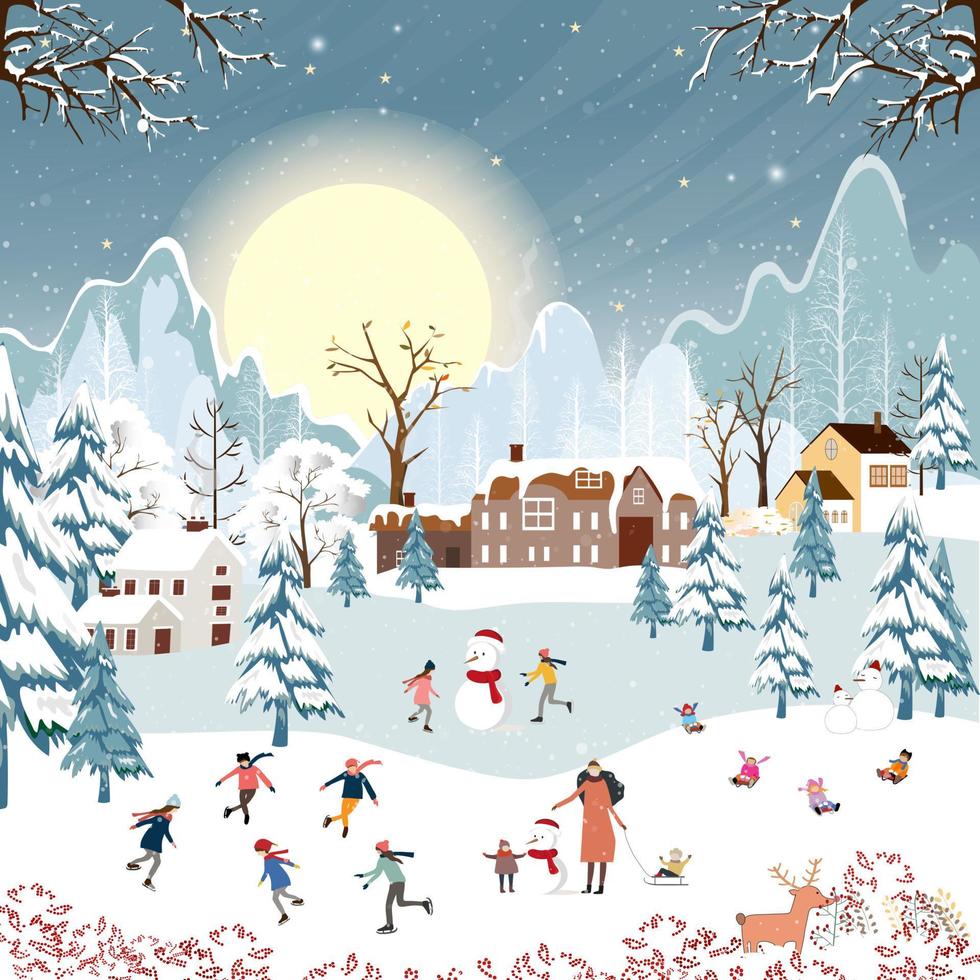 Winter scene landscape on Christmas night,Vector banner cute winter wonderland in the town with happy kids sledding and playing ice skates in the park,Merry Christmas ,New year 2023 background vector