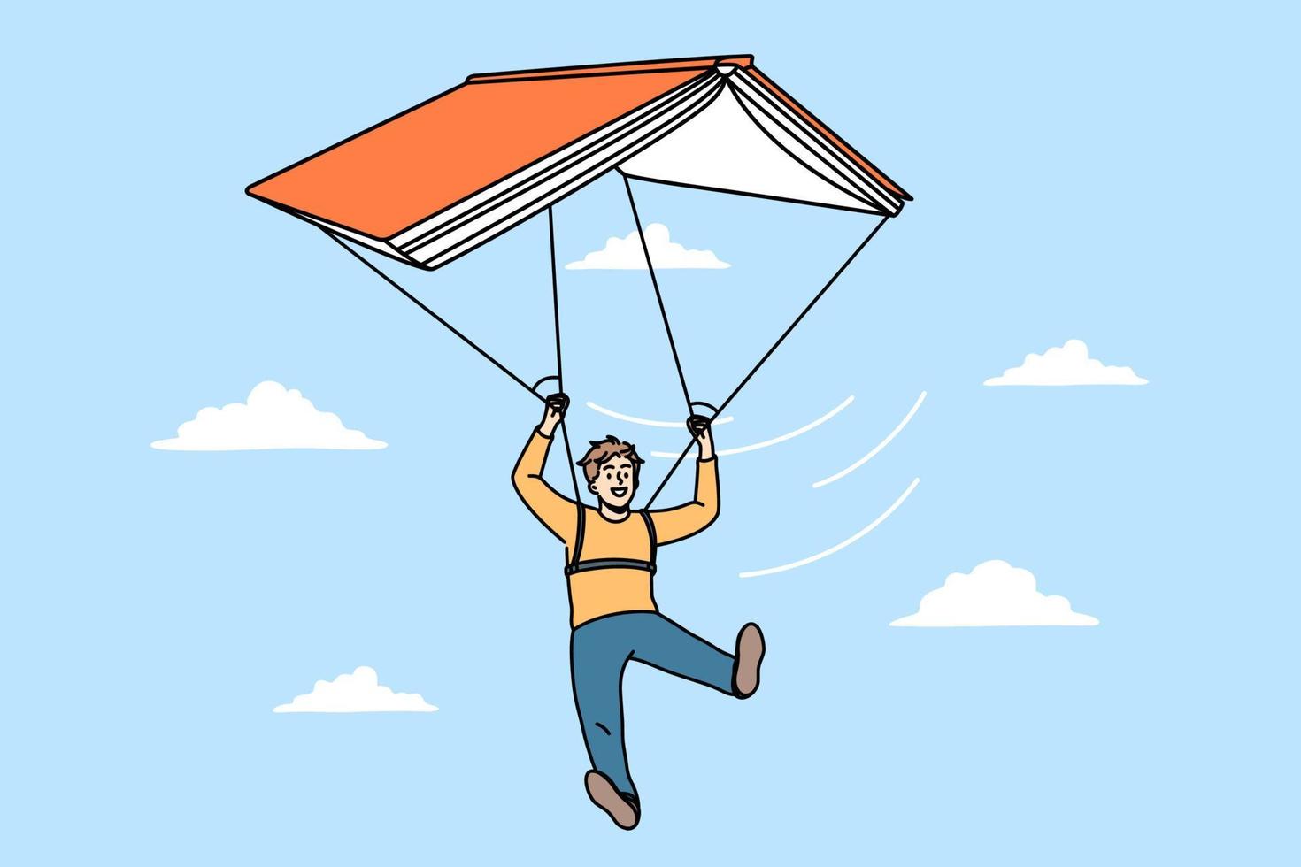 Education and learning information concept. Positive boy pupil paragliding on huge book flying on sky vector illustration
