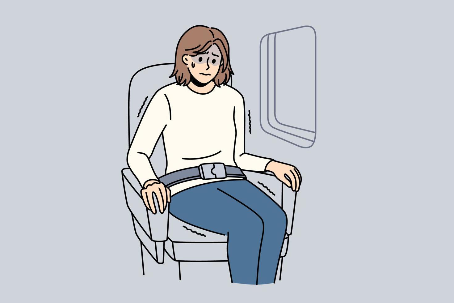 Aerophobia and being afraid of flights concept. Young stressed woman cartoon character sitting in plane near window feeling shock vector illustration