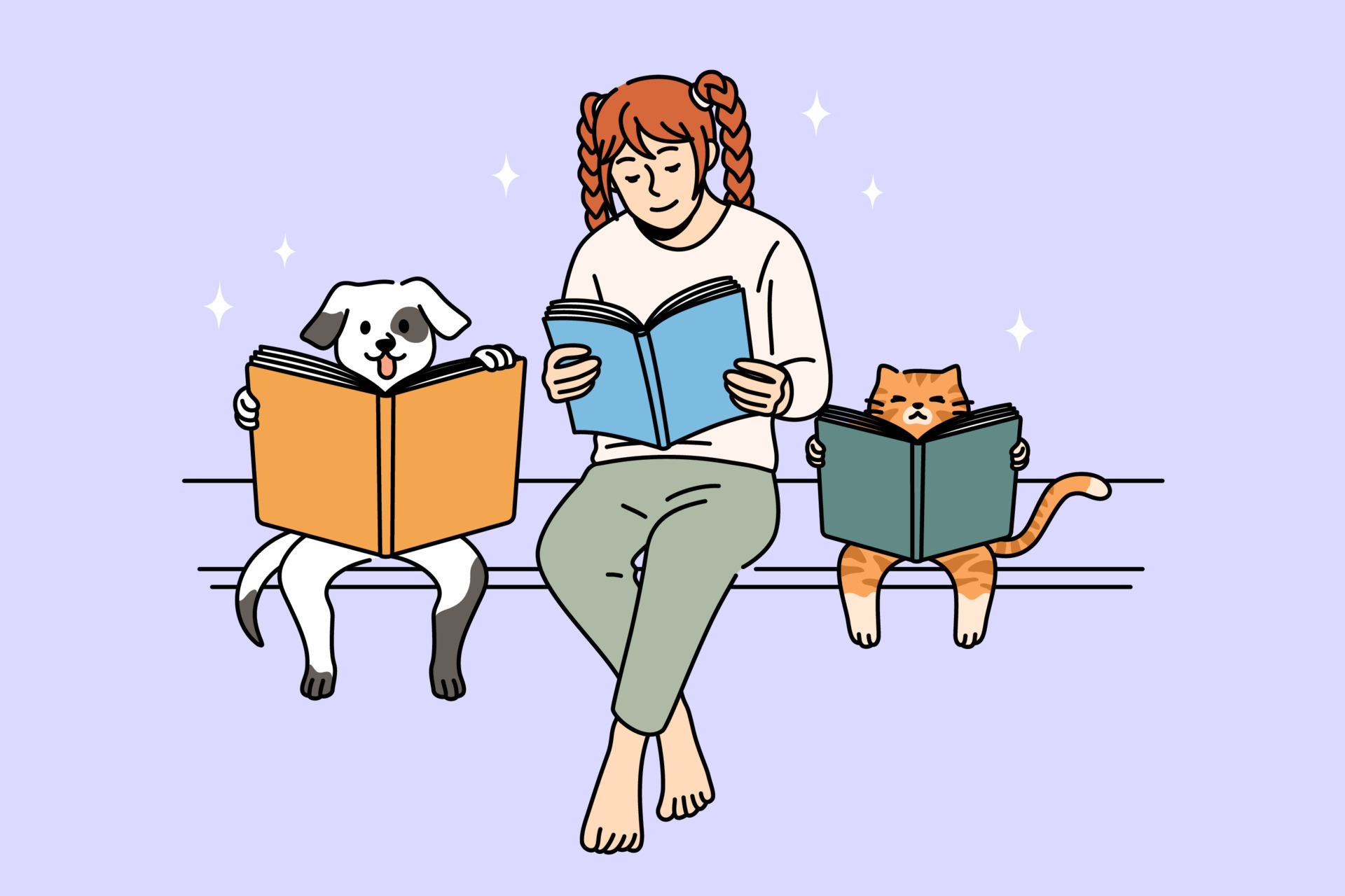 Reading book and funny education concept. Smiling positive girl funny dog and cat sitting on bench reading books together enjoying time vector illustration 13652003 Vector Art at Vecteezy Reading book and funny education concept. Smiling positive girl funny dog and cat sitting on bench reading books together enjoying time vector illustration 13652003 Vector Art at Vecteezy