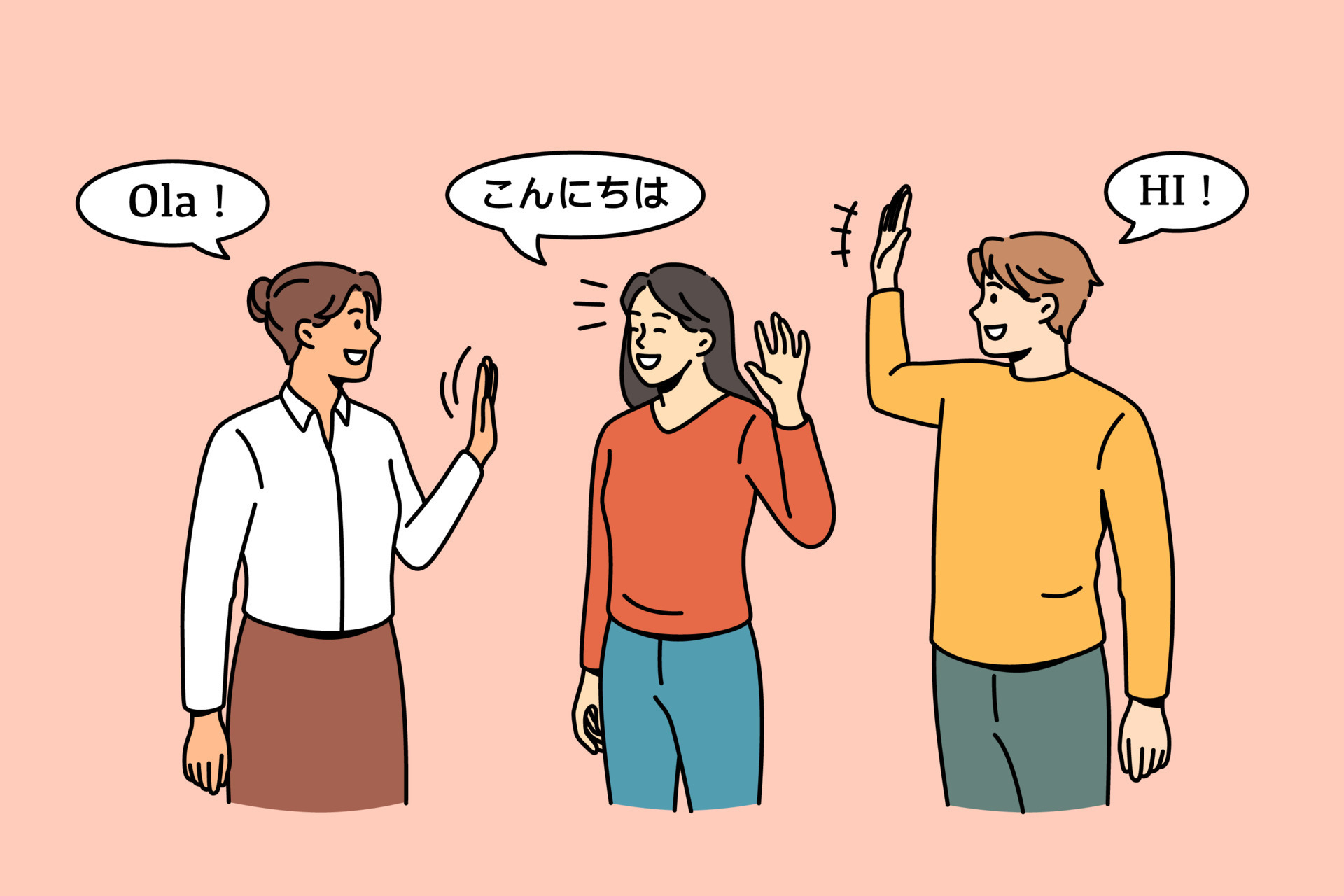 Various nationalities communication and greeting concept. Three young people cartoon characters spanish english and chineese standing and greeting each other on their languages vector illustration 13652005 Vector Art at Vecteezy Various nationalities communication and greeting concept. Three young people cartoon characters spanish english and chineese standing and greeting each other on their languages vector illustration 13652005 Vector Art at Vecteezy